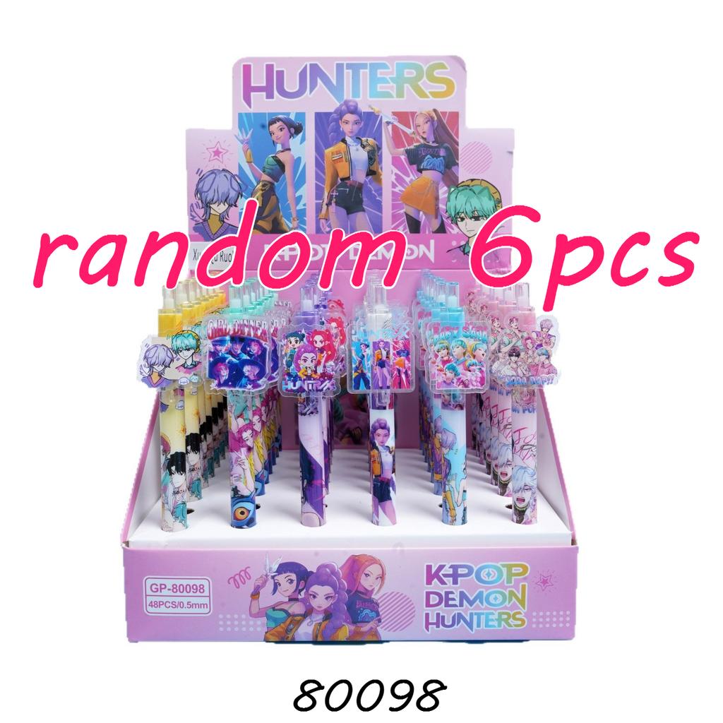 6 шт. Очаровательные гелевые ручки в стиле K-POP Demon Hunters, нажимные, 0,5 мм, черные чернила, акриловая накладка, высококачественные школьные принадлежности для учеников