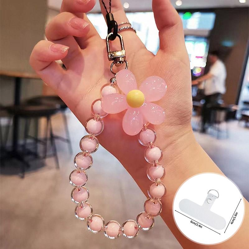 Cell Phone Lanyard Keychain on The Phone Macaron Color Beads Pendant Mobile Phone Rope Flowers Keychains Accessorie