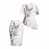 Women Plus Size Black Butterfly Floral Printed Round Neck Short Sleeve Asymmetric Top Fitted Skirt Two Piece Set