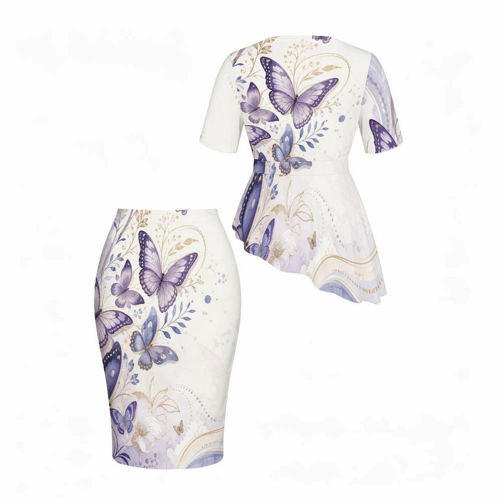 Women Plus Size Black Butterfly Floral Printed Round Neck Short Sleeve Asymmetric Top Fitted Skirt Two Piece Set