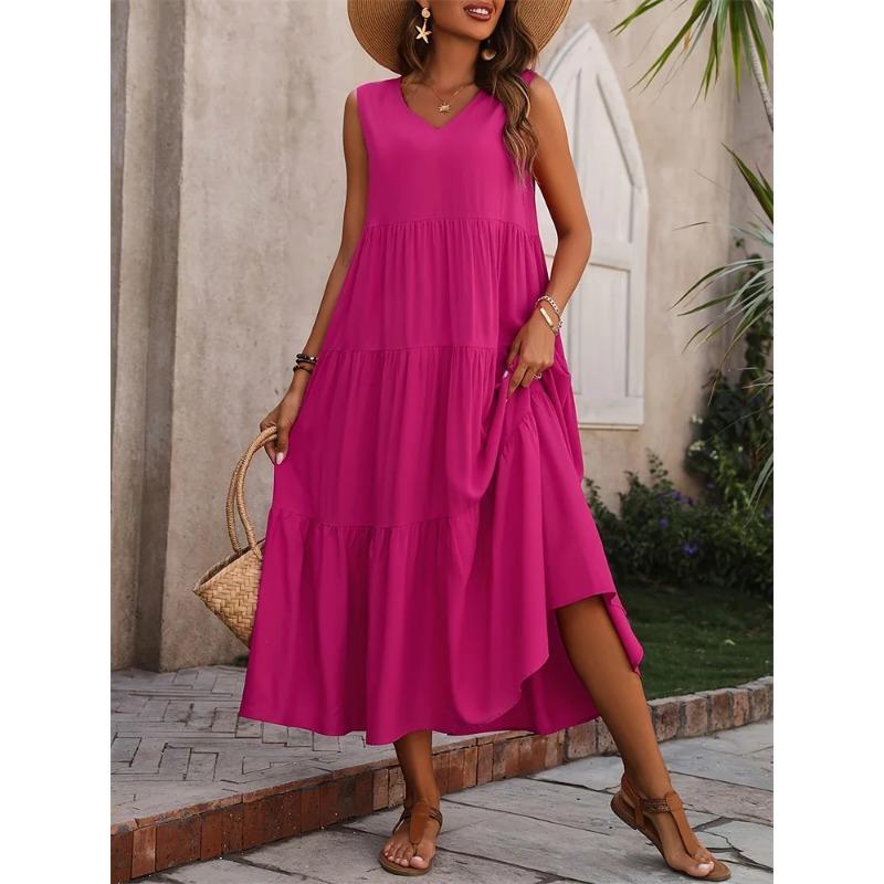 2025 Women Dress Summer Casual Vacation Holiday Beach Long Dresses V-neck Loose Elegant Yellow Black RUFFLES Dress Femme