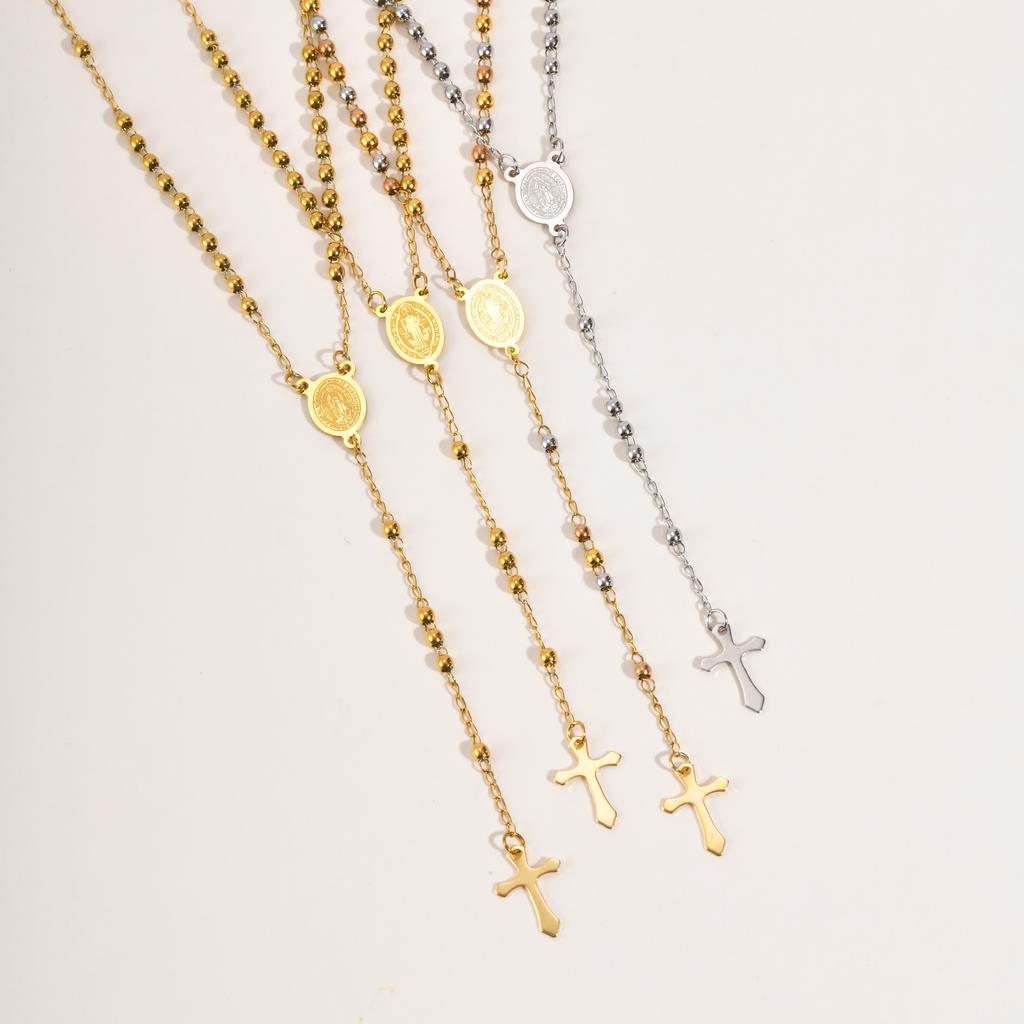 Stainless Steel Rosary Necklace For Wome, Long Chain Virgin Mary Y-shape Gold Plated Catholic Religious Jewelry