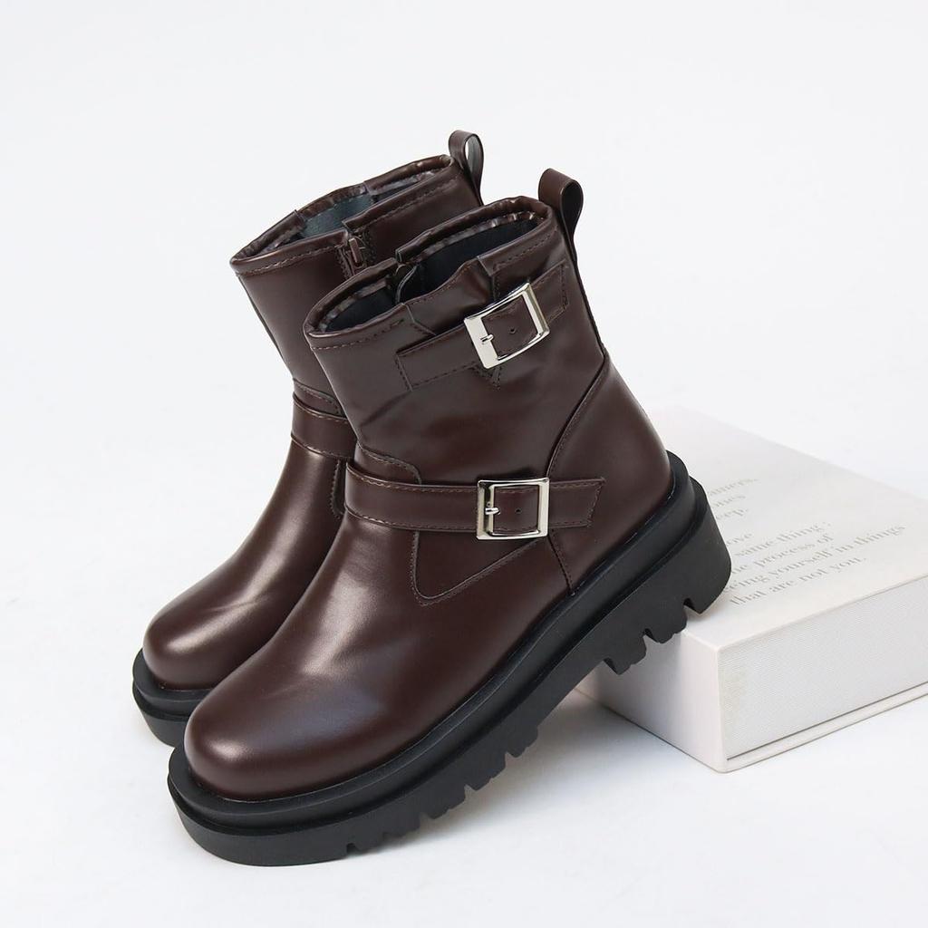 Инженерная сторона 5 см Круглый Легко ходить Усталость ПУ Синтетический Большой Японский Размер обуви [Liberty Doll] Ботинки, Ботинки, Женские, Ремень, Молния, Каблук, Носок, в,