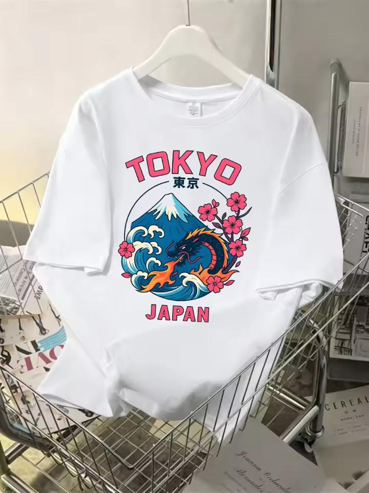 Tokyo Japan Mount Fuji Prints Cotton T-Shirts Womens Summer Oversized Tops O-Neck Soft Short Sleeve T Shirt Basic Casual Clothes