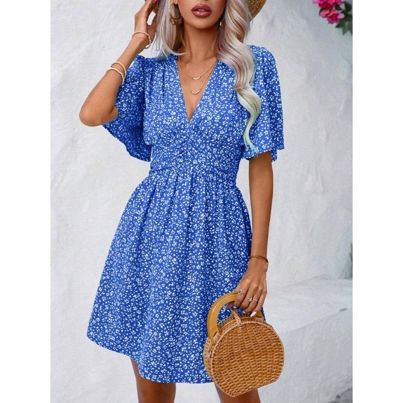 YYFS Women's Fashion Summer Spring Flower Pattern Print Short Sleeve V-Neck High Waist Casual Dresses