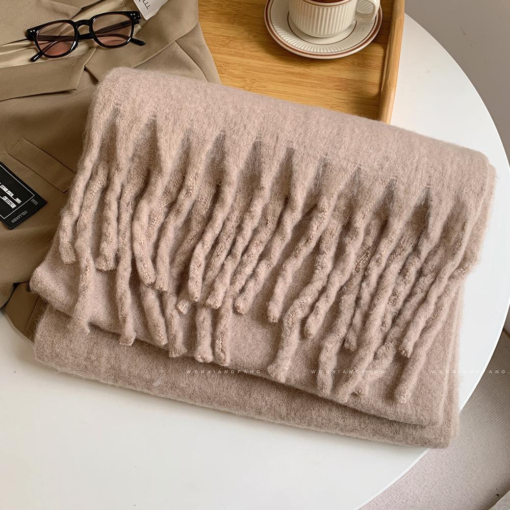 2025 Autumn/Winter New Women'S Extended Thick Solid Color Mohair Scarf Coarse Braid Student Shawl Neck