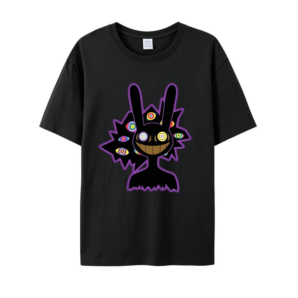 Trippy Multi Eye Jax Character Graphic T-Shirt, TADC Psychedelic Bunny Cartoon Print Tee, Dark Spooky Style Short Sleeve Top