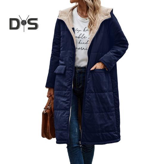 Women Winter Splicing Long Coat Hooded Long Sleeve Fleece Lining Outwear Zipper Placket Pockets Double Sided Wear Long Down Jacket