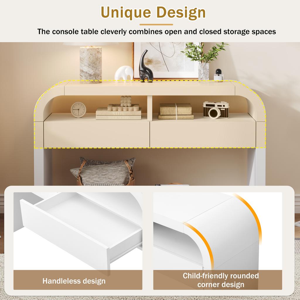 Modern console table with drawers for entrance area, sideboard with curved front and adjustable foot pads, hallway, corridor or living room (White)