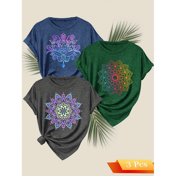 Women's Totem Short Sleeve Shirt Colorful mandala print round neck casual loose summer dress T Shirt Fashionable and elegant tops for commuting,