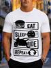 2026 New Arrival 100 Cotton Tshirt Eat Sleep Ride Repeat Motorcycle Burger Biker Slogan Print Crew Neck Casual Tee