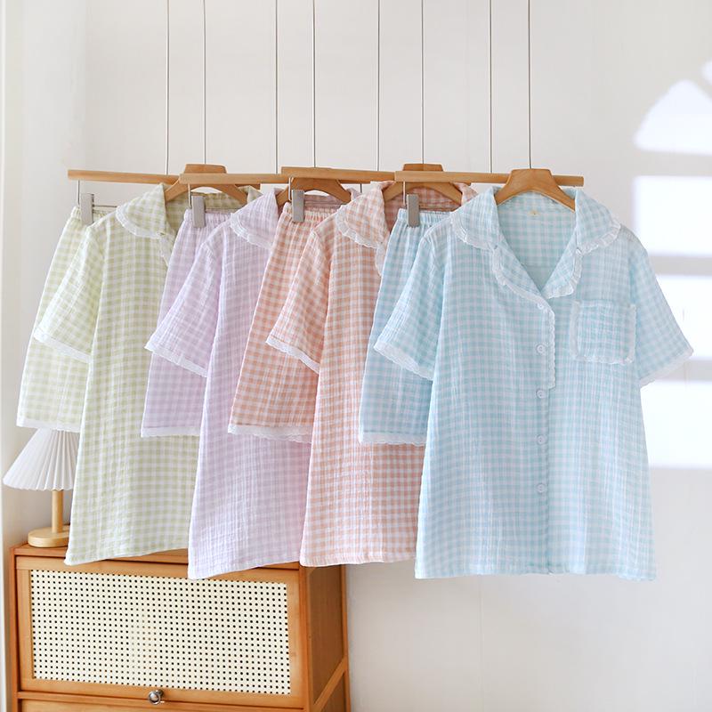 Женский летний пижамный комплект из чистого хлопка - Милый, Дышащий, с коротким рукавом и шортами