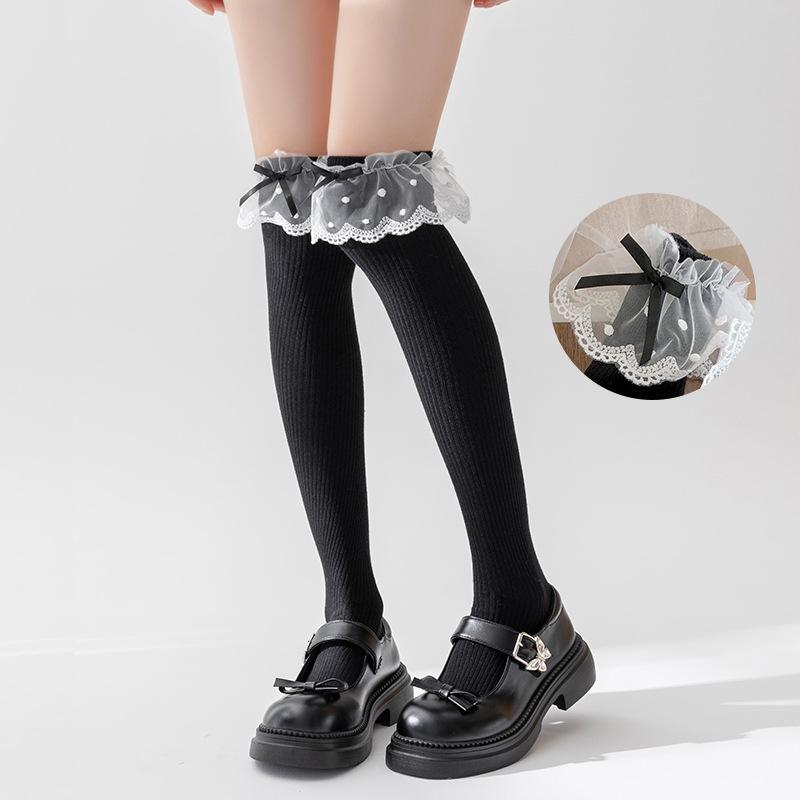 Однотонные высокие кружевные милые чулки в стиле Лолиты, толстые теплые черные белые длинные носки для женщин