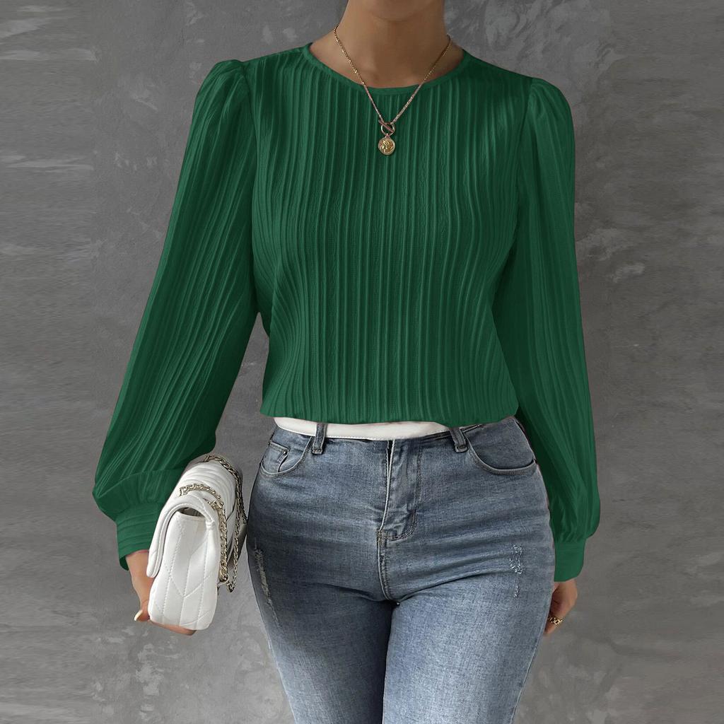 Women's Fashionable Round Neck Long Sleeved Solid Color Loose Shirt Top
