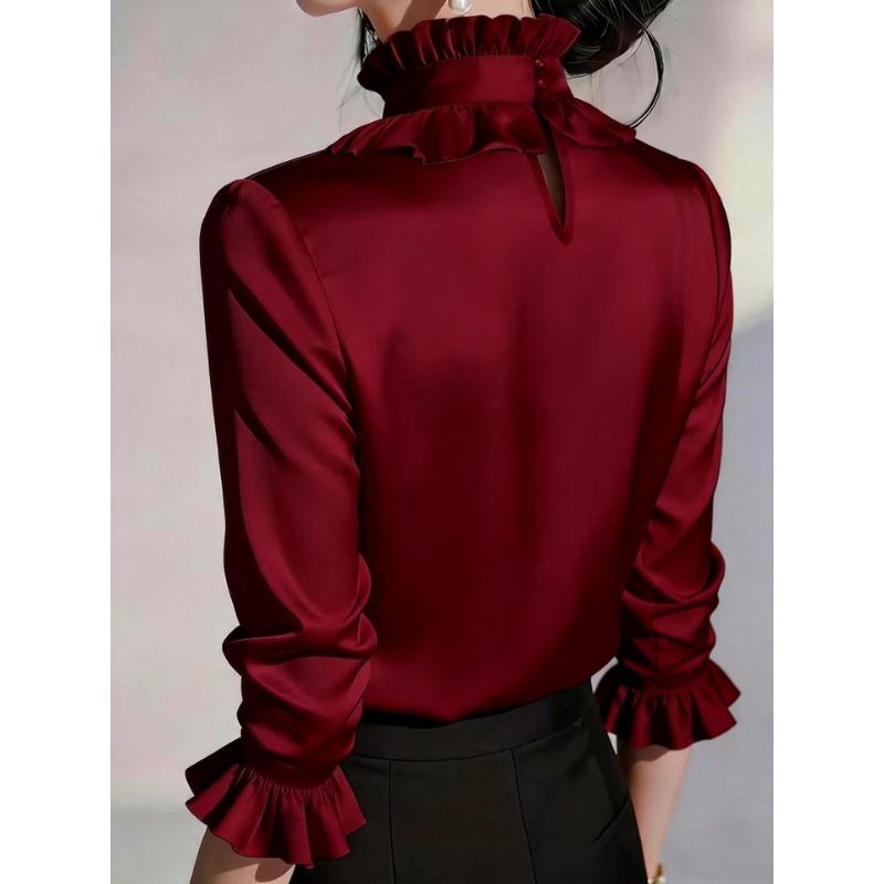 Women ruffled stand collar satin three quarter sleeve shirt multi color slim fit rhinestone pearl brooch office elegant blouse