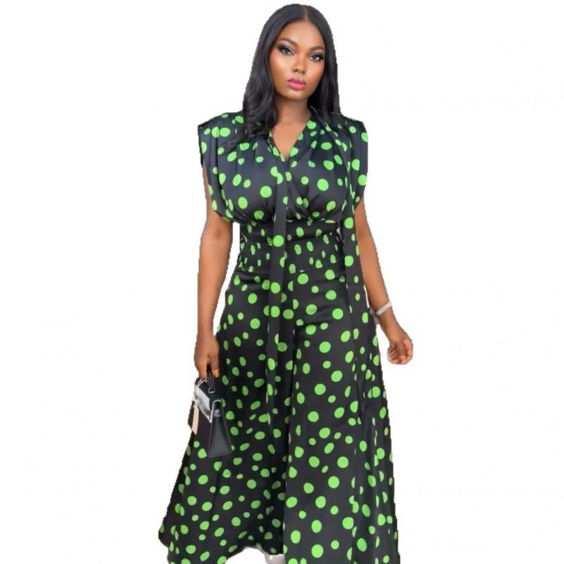 Womens Polka Dot V-Neck Sleeveless Wrap Tie A-Line Midi Dress