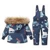 Toddler Baby Winter Down Snowsuit Set – Cartoon Dinosaur Fur Hooded Coat and Snow Pants for Boys Girls