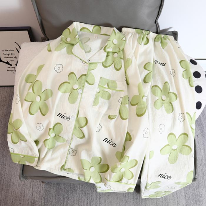 Homewear Flower Print V-neck Women's Pajamas Set Aesthetic Art Soft Two-piece Pajamas Set Sweet Casual Autumn  Sleepwear