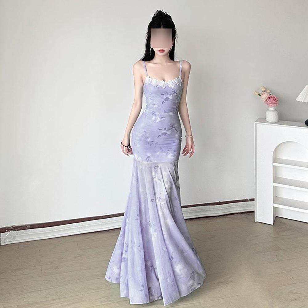 Синее сетчатое платье-сарафан с цветочным принтом, женское летнее пляжное платье для отпуска на море, облегающее бедра, с длинной юбкой «рыбий хвост»