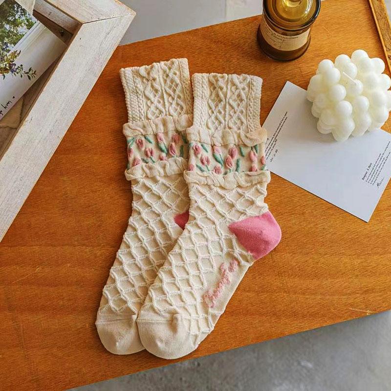 Y2k Kawaii Lolita Socks Cotton Cute Flower Socks Women Winter Sweet Tube Socks For Girls