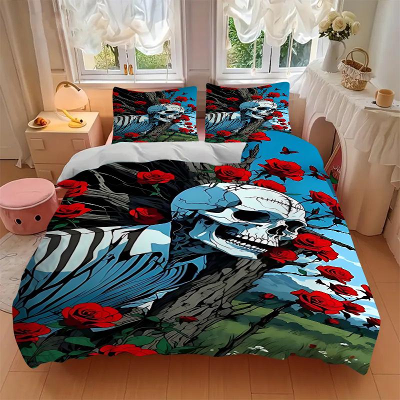 3pcs Skull Roses Anime Cartoon Design Comforter Set with One Quilt Cover and Two Pillowcases (No Core) - Home Decor, Holiday Gift, Polyester Fabric, S