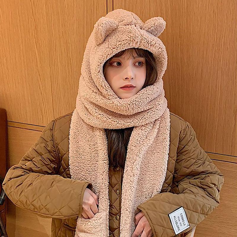 Зимние женские шапки с капюшоном, теплые шапки с медвежьими ушками, повседневная плюшевая шапка, шарф, повседневные женские шапки, теплые головные уборы