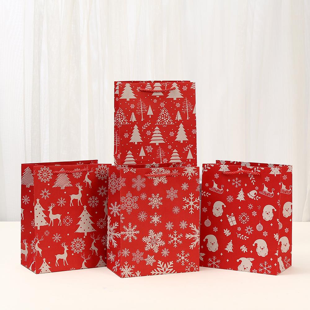 12 PCS Christmas Party Gift Bags Handle Red Kraft Paper Bags Santa Claus Printed Gift Bags Shopping Bag for New Year Christmas