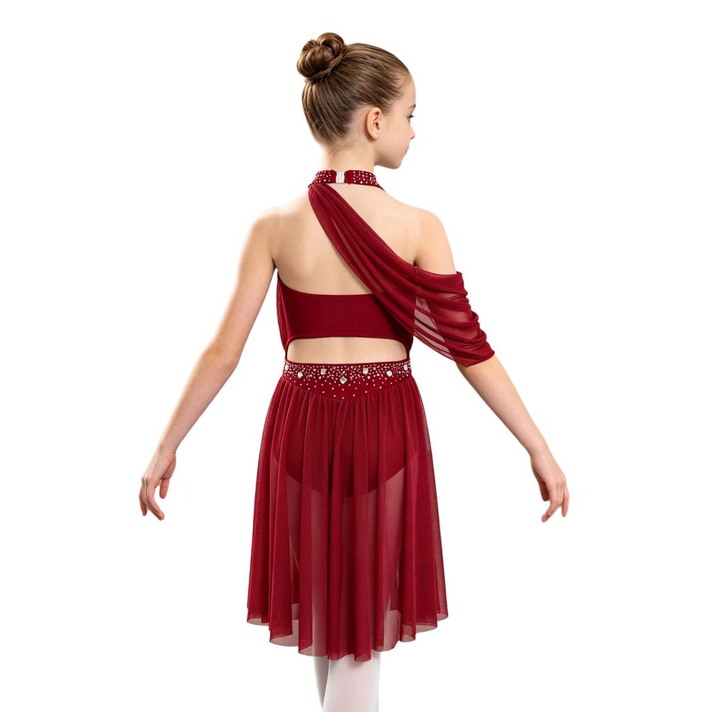 Girls Halter Backless Ruched Mesh Drape Dress Lyrical Dance Performance Rhinestone Costume