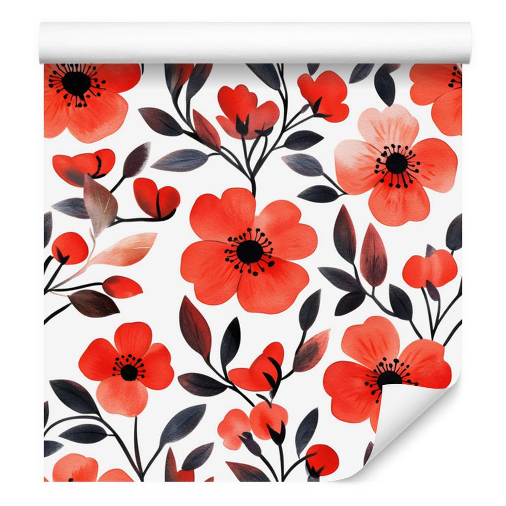 Wallpaper Flowers and Leaves Red and White for Living Room and Bedroom 50x1000