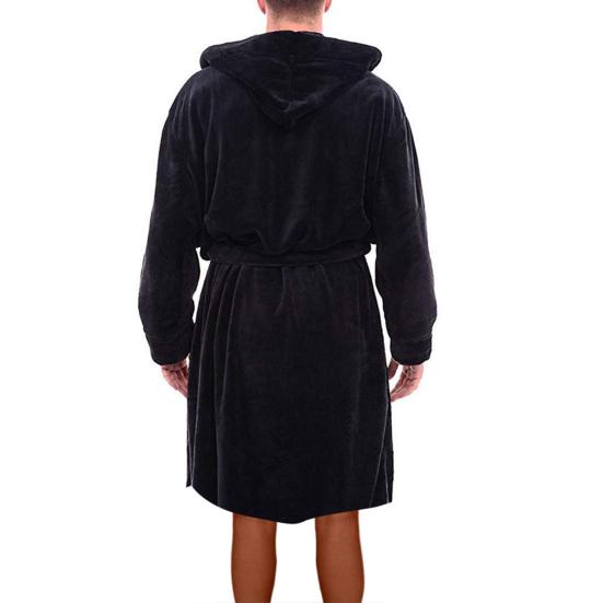 Long Sleeve Pocket Belt Solid Color Men Bathrobe Winter Warm Hooded Long Fleece