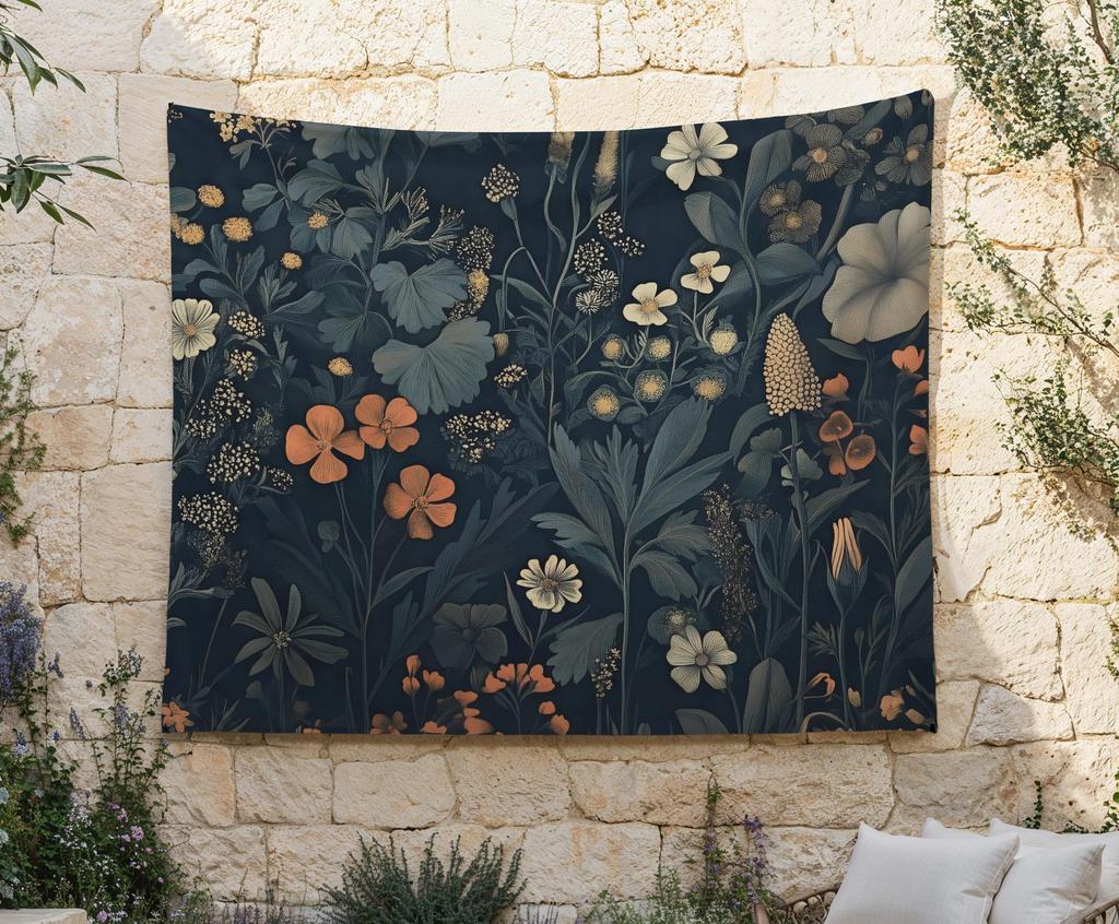Dark Wildflowers Tapestry Orange Flowers Wall Hanging Cottagecore Wall Cloth Vintage Aesthetic Cloth Hanging Cozy Wall Decor Floral