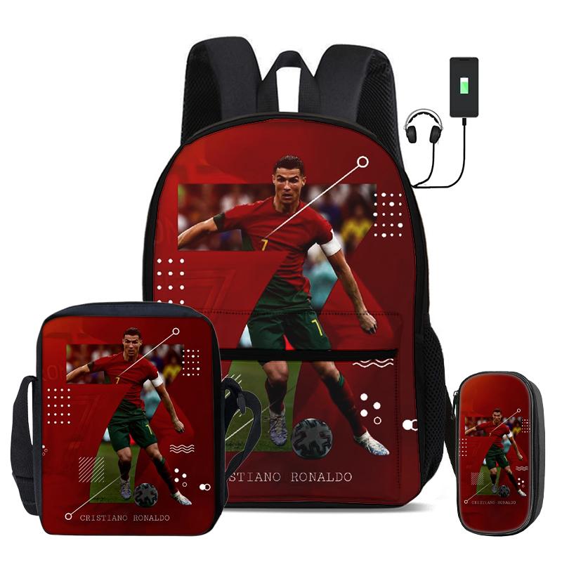Набор из 3 предметов Ronaldo Школьные сумки Рюкзак с USB-интерфейсом CR Футбольная звезда Сумка через плечо Футбольные спортивные Пенал Дети Рюкзак