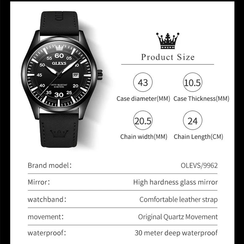 OLEVS Men's Watches Top Brand Original Quartz Wristwatch Waterproof Leather Strap Watch for Man Casual Fashion Date New 9962