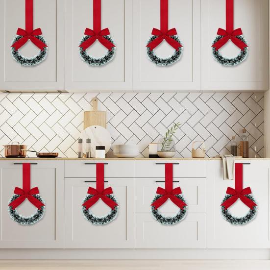 Mini Christmas Cabinet Wreaths 5.1 Inch Small Kitchen Xmas Decor with Red Ribbon Bow Plastic Rattan Fabric Window Door Office Holiday Decoration