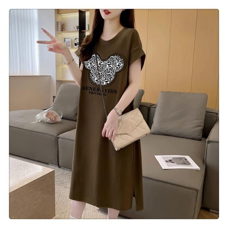 Женское модное платье-футболка, летнее платье Fat Mm с коротким рукавом выше колена, длинное повседневное платье с разрезом
