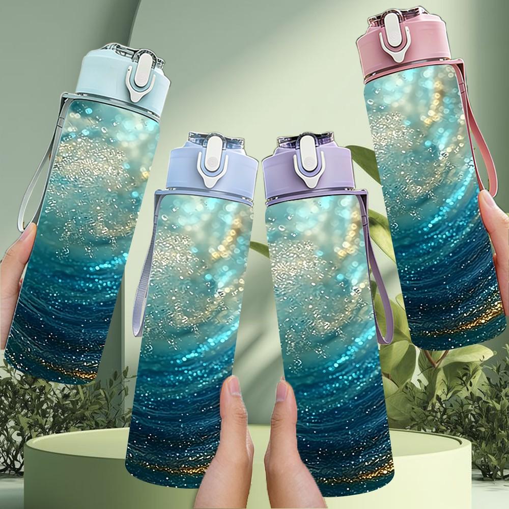 1PC Turquoise Gold Fluid Marble Pattern 750ml Color Plastic Sports Water Bottle Leakproof Flip Straw Lid Suitable for Sports Office Home Use