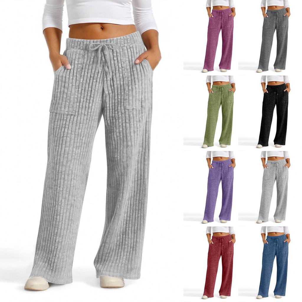 Womens Casual Wide Leg Elastic Waist Ribbed Knit Loose Bottoms With Pockets Soft Pants