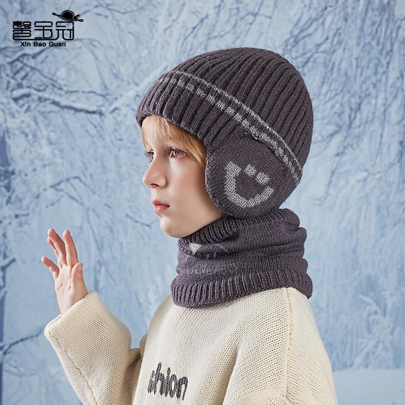 Children's Hat Scarf Set Winter Fleece Ear Protector Pullover Hat Boys Outdoor Windproof Warm Knitted Wool Hat