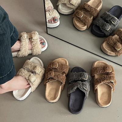 Piaohong универсальные ретро стиль пряжка однословные пушистые тапочки женские 2025 осень и зима новые для улицы домашние с открытым носком хлопковые туфли