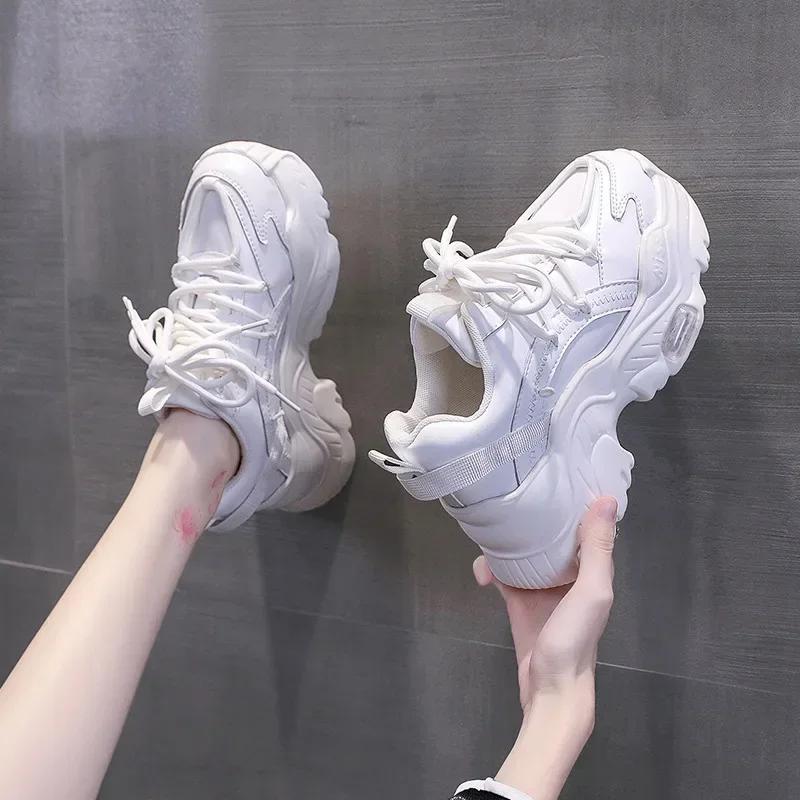 Fashion Chunky Women's Sneakers Internal Increase Leather Casual White Ladies Shoes Trainer Platform Sneaker Womens Zapatillas Mujer2024