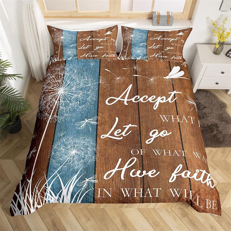 Dandelion Floral Duvet Cover King Queen Wooden Plank Farmhouse Comforter Cover Microfiber Dragonfly Botanical Weed Bedding Set