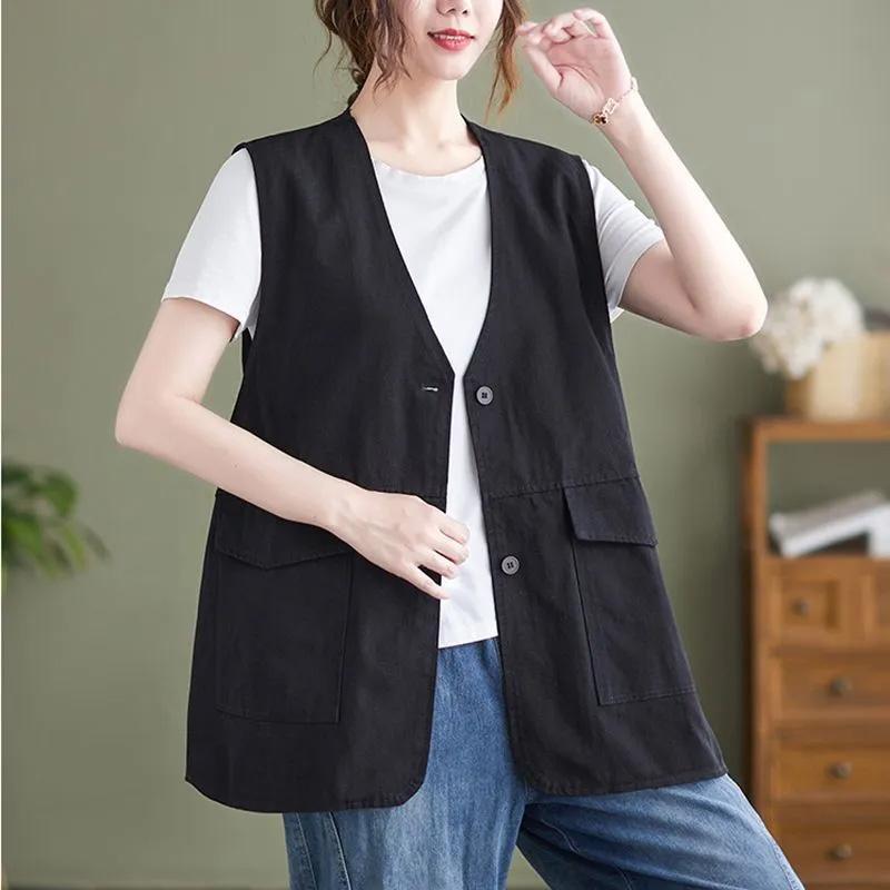 Женский жилет Хлопковые топы без рукавов Однотонный Оверсайз Повседневный V-образный вырез Жилет Куртка