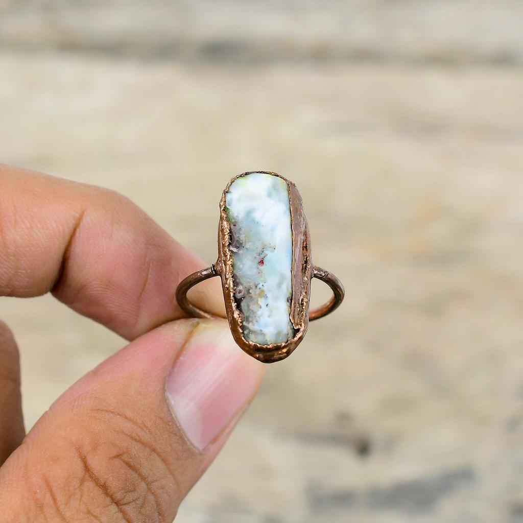 Грубое кольцо Ларимар, медное кольцо, изготовленное методом гальванопластики, регулируемые кольца ручной работы, медные украшения, кольцо с настоящим драгоценным камнем, ювелирные изделия, изготовленные методом гальванопластики, свадебный подарок