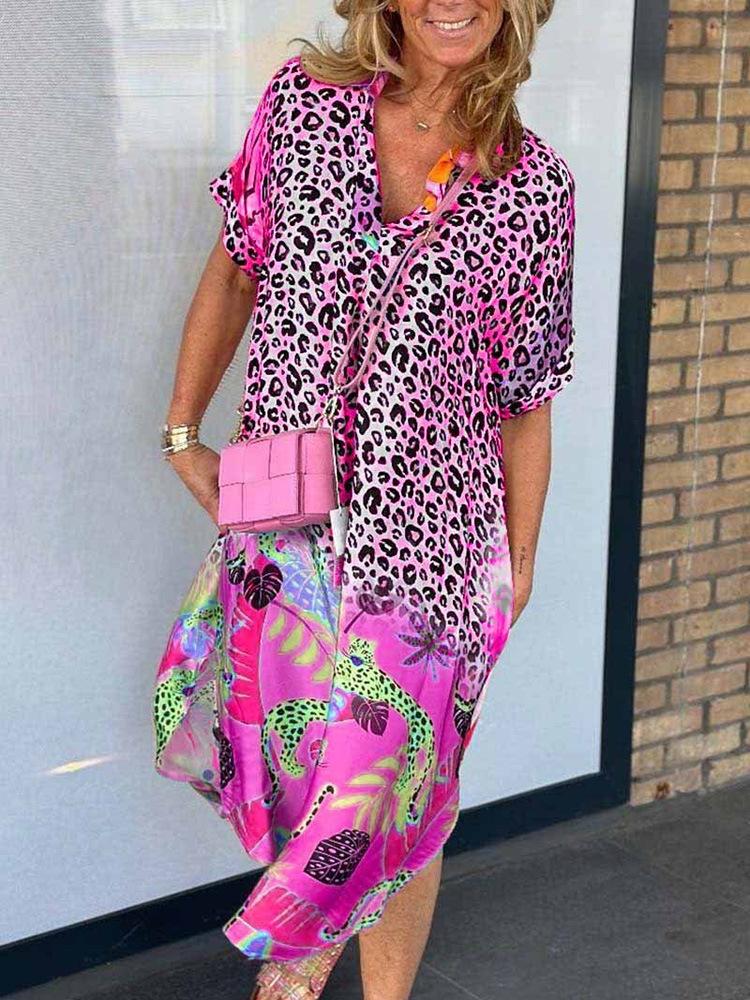 Leopard Print Patchwork Dresses Women V-neck Short Sleeves Pocket Loose Slit Midi Dress