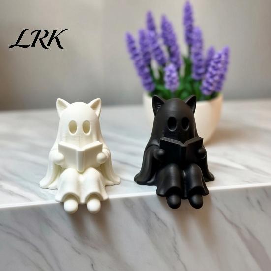 Пластиковая поделка из PLA, 3D-печатная фигурка кота-призрака с книгой, жуткий декоративный элемент для полки, сидящий на книжной полке, Хэллоуин, домашний декор, милый читающий