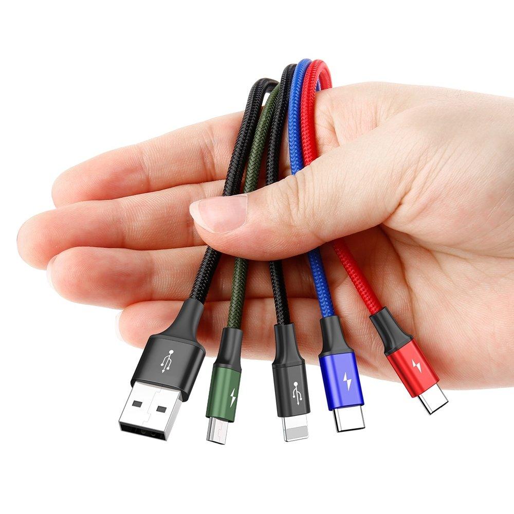 4-in-1 USB Cable Iphone Lightning 2 x USBC microUSB Nylon Braided 35A 12m Black