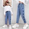Kids Girl Jeans Floral Cartoon Long Pants Spring Autumn Graffiti Painting Print Casual Trousers with Hole Children Denim Pants