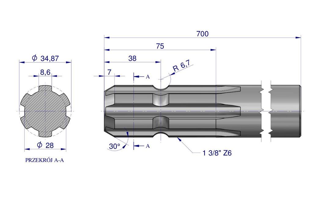 Wałek, Wom Frezowany Jednostronnie 700Mm Z6 - 1 3/8, Waryński