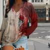 Red Rose Print Women Tshirts Ladies Tops Long Sleeve V-neck Pullover Femme T-shirts T Shirt For Women