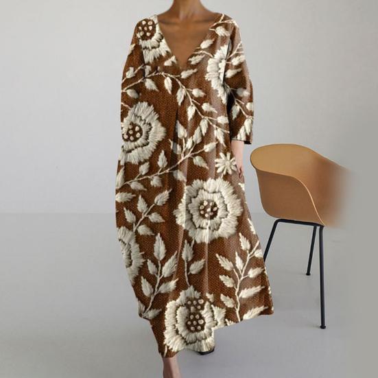 Женское летнее платье с длинными рукавами и круглым вырезом с принтом маслом Яркий цвет Глубокий V-образный вырез Свободное платье для отпуска Пляжное платье макси Ежедневное длинное платье